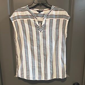 Tommy Hilfiger Sleeveless Blouse White and Blue Mandarin Collar